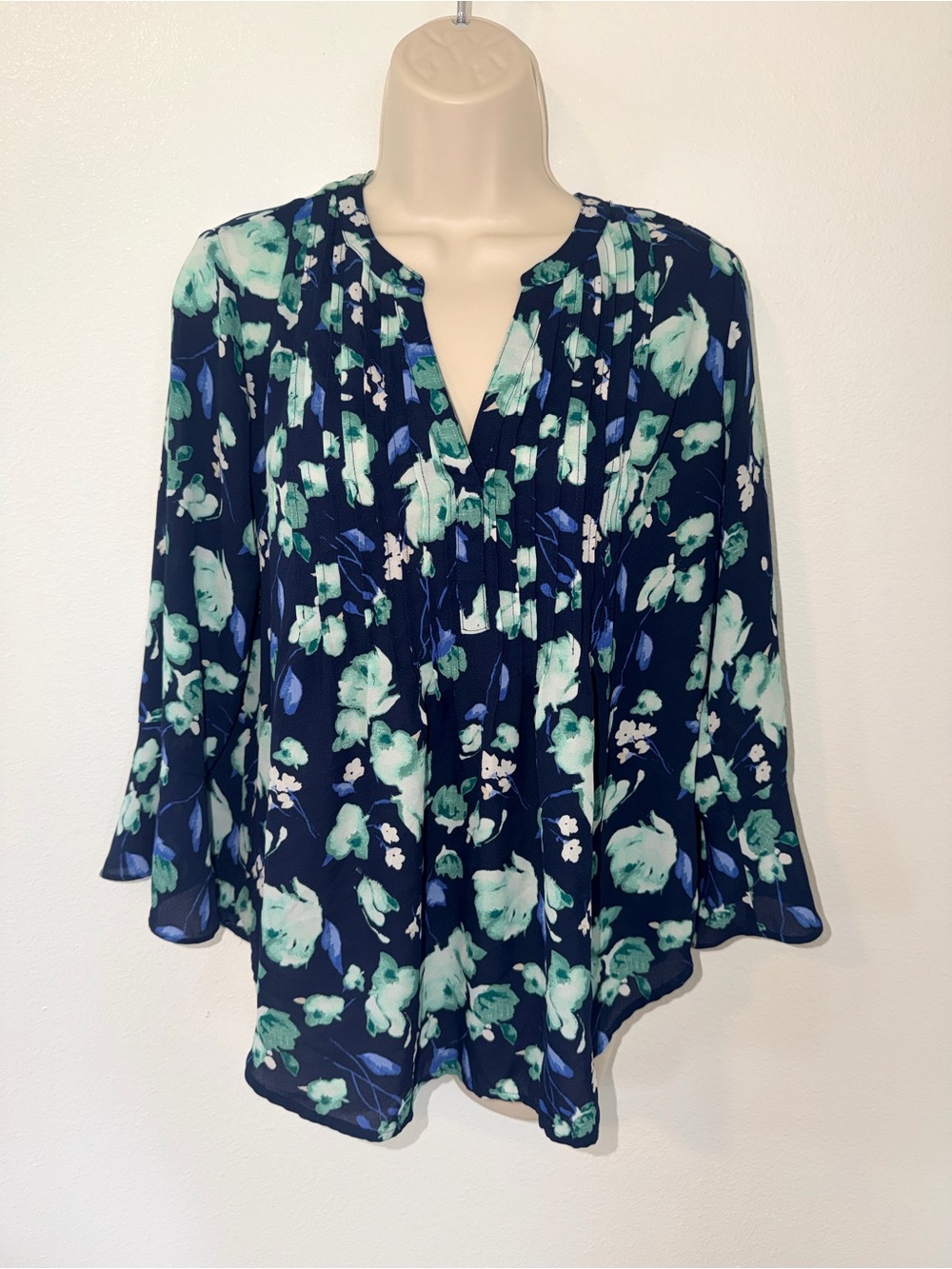 Style & Co. Navy Floral Pintuck Blouse with Green and Blue Print